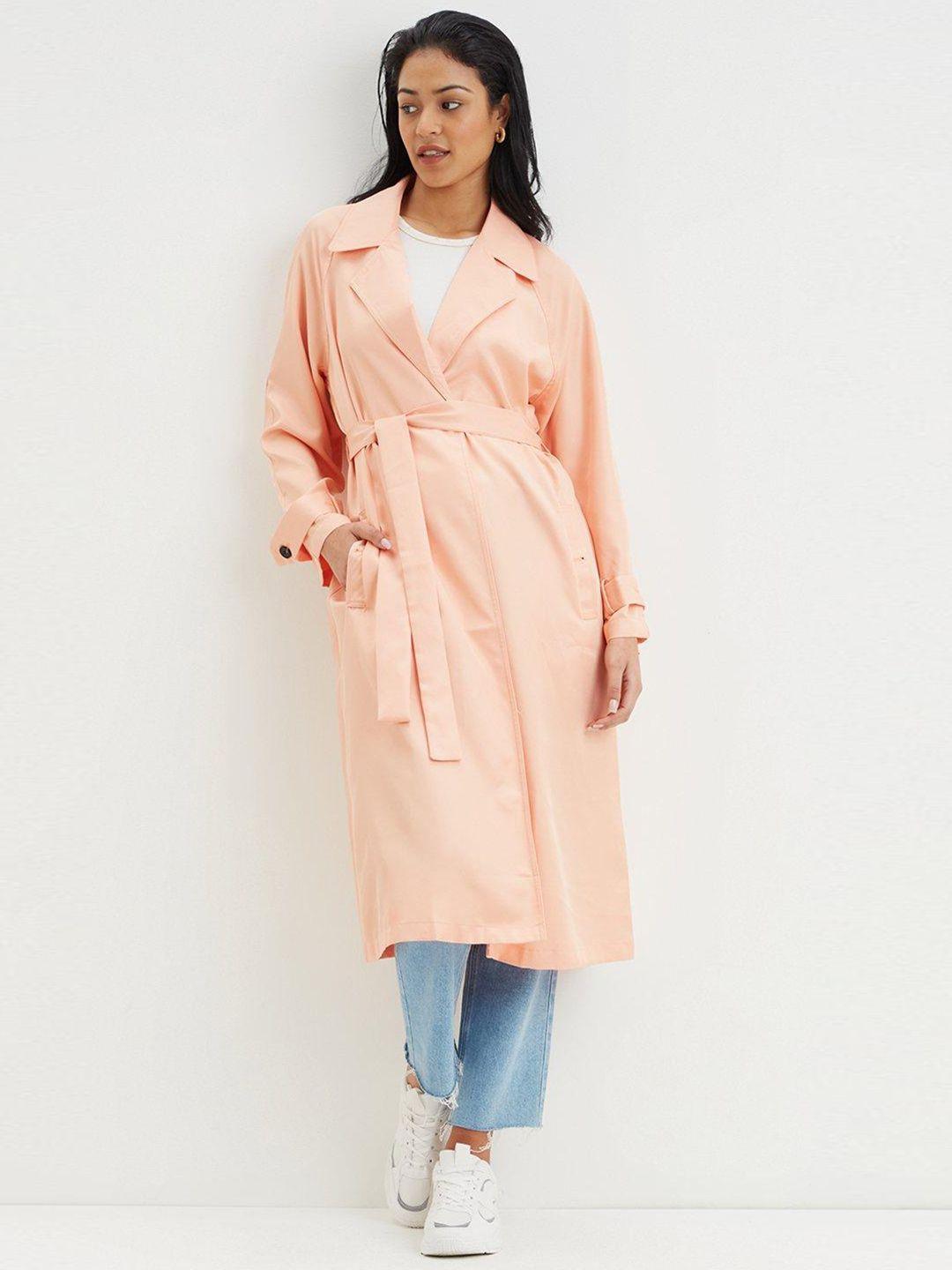 dorothy perkins women peach-coloured solid cotton longline trench coat comes with belt