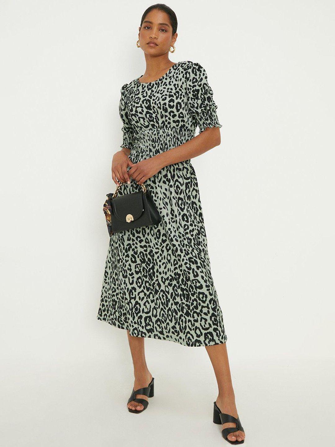 dorothy perkins animal print puff sleeves fit & flare midi dress