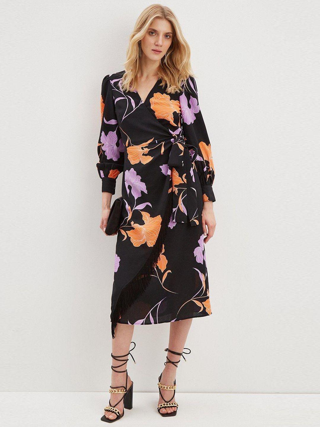 dorothy perkins black & lavender floral printed wrap midi dress