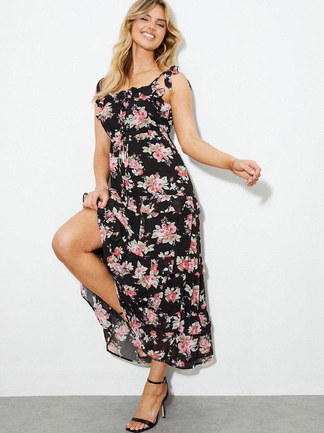 dorothy perkins black & pink floral printed ruffle tiered a-line maxi dress