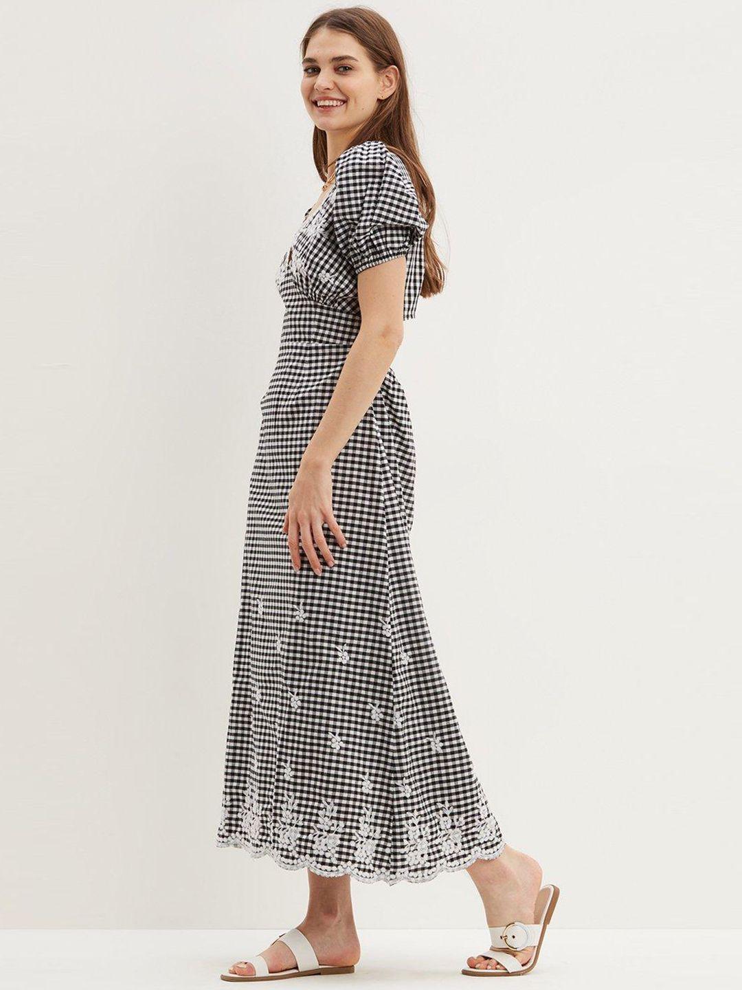 dorothy perkins black & white pure cotton gingham checked embroidered a-line midi dress