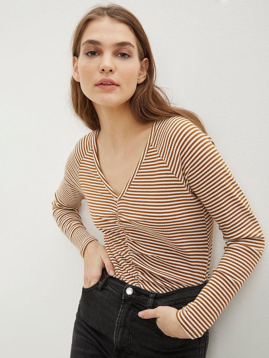 dorothy perkins brown & off white striped ruched front top