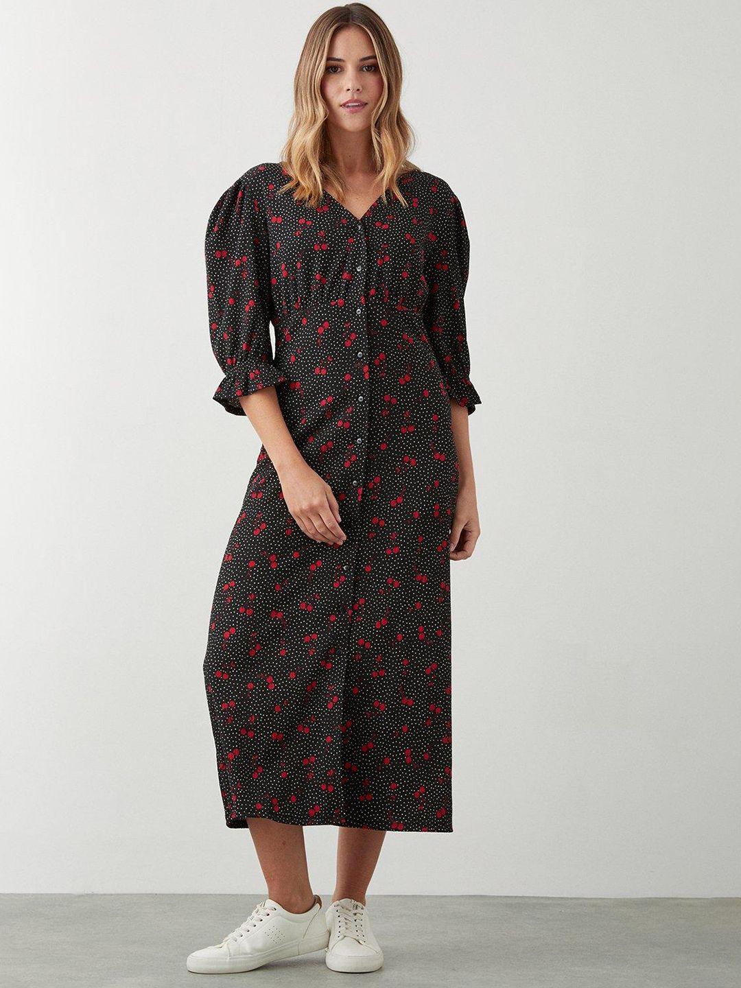 dorothy perkins cherry print puff sleeves a-line midi dress