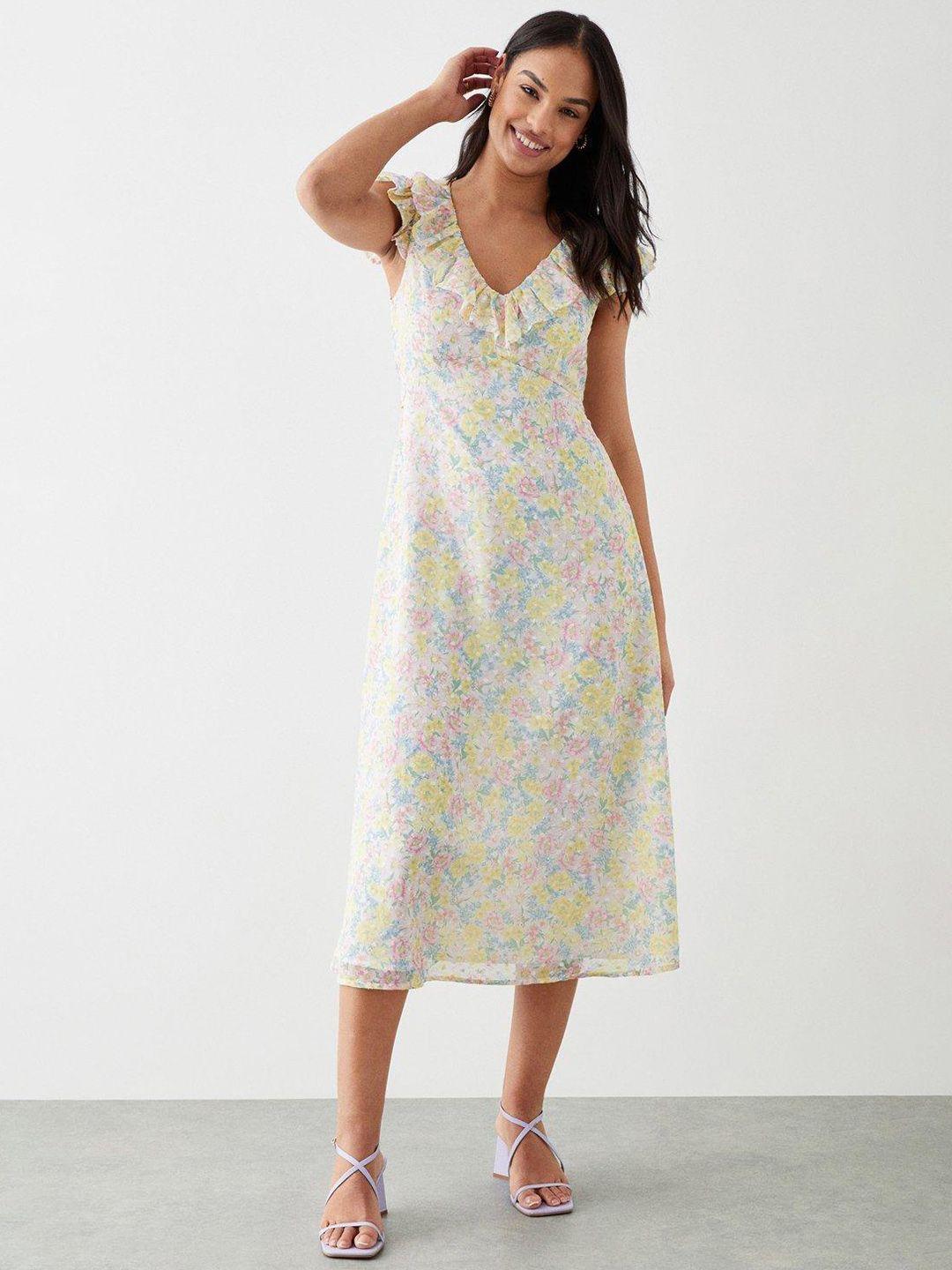 dorothy perkins floral print flutter sleeves ruffled detailed a-line midi dress