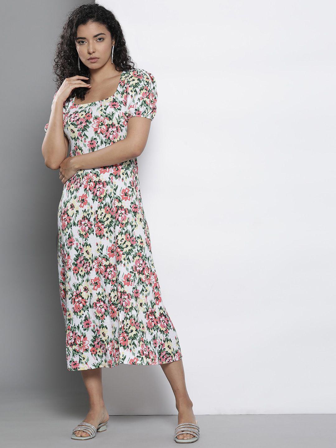 dorothy perkins floral print puff sleeve a-line midi dress with tie-up detail