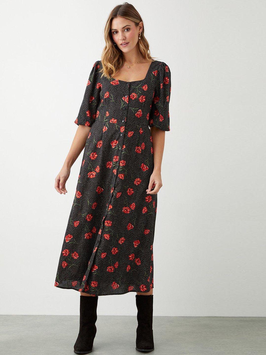 dorothy perkins floral print puff sleeve a-line midi dress