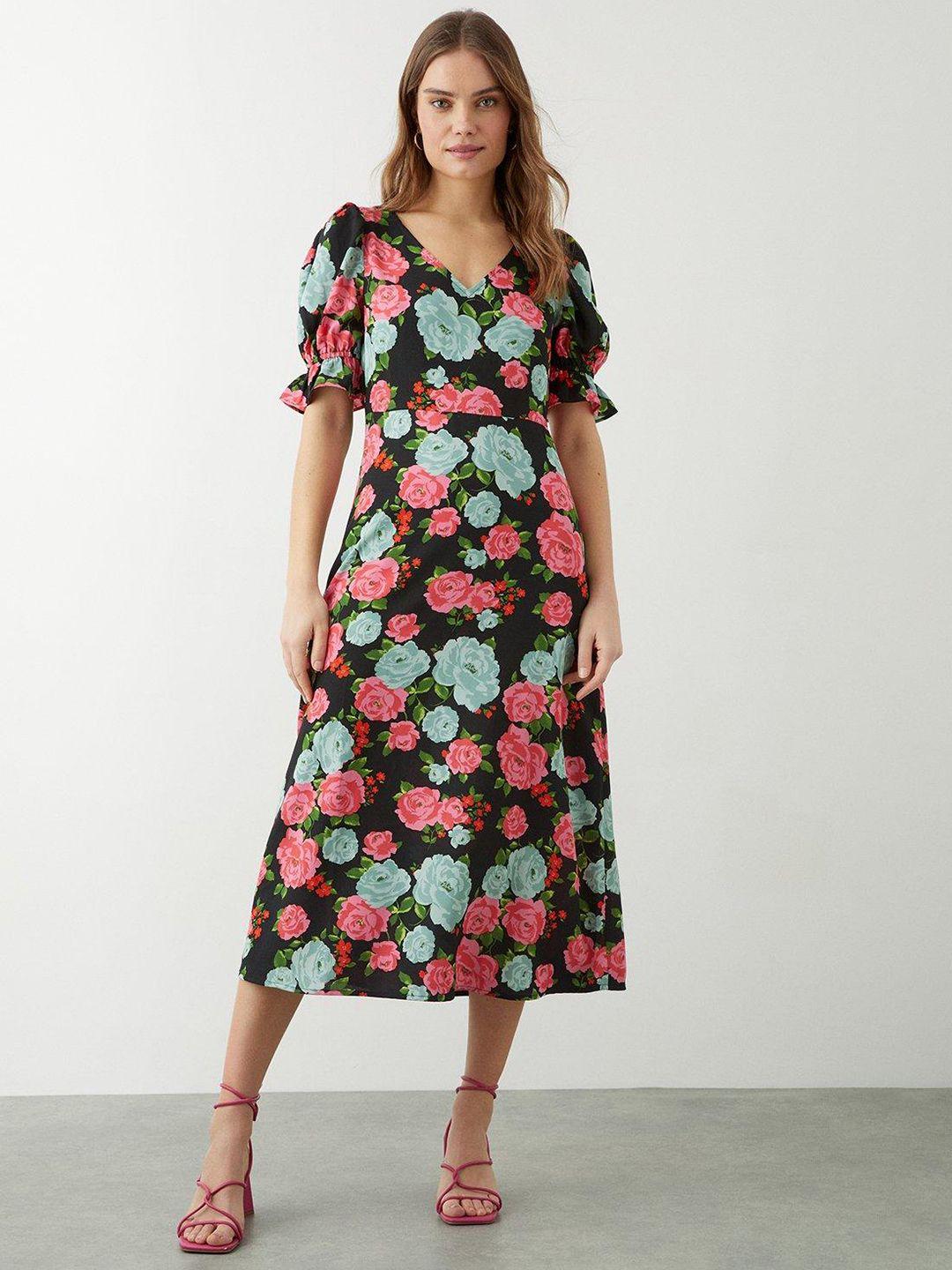 dorothy perkins floral print puff sleeves a-line midi dress