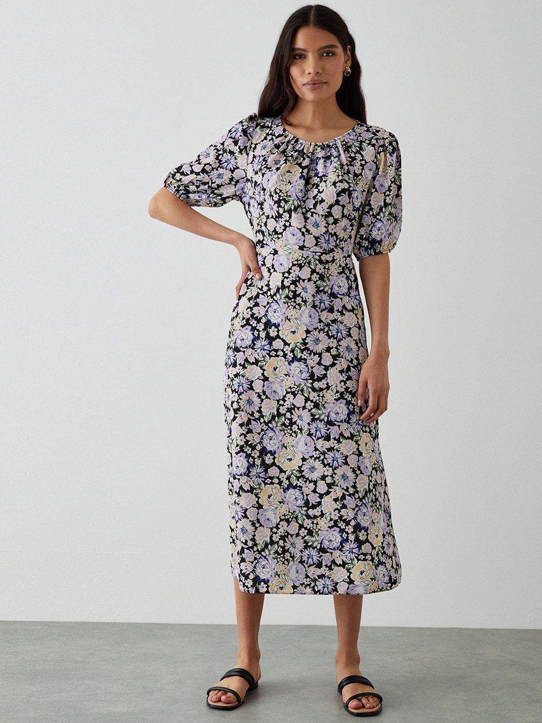 dorothy perkins floral print puff sleeves a-line midi dress