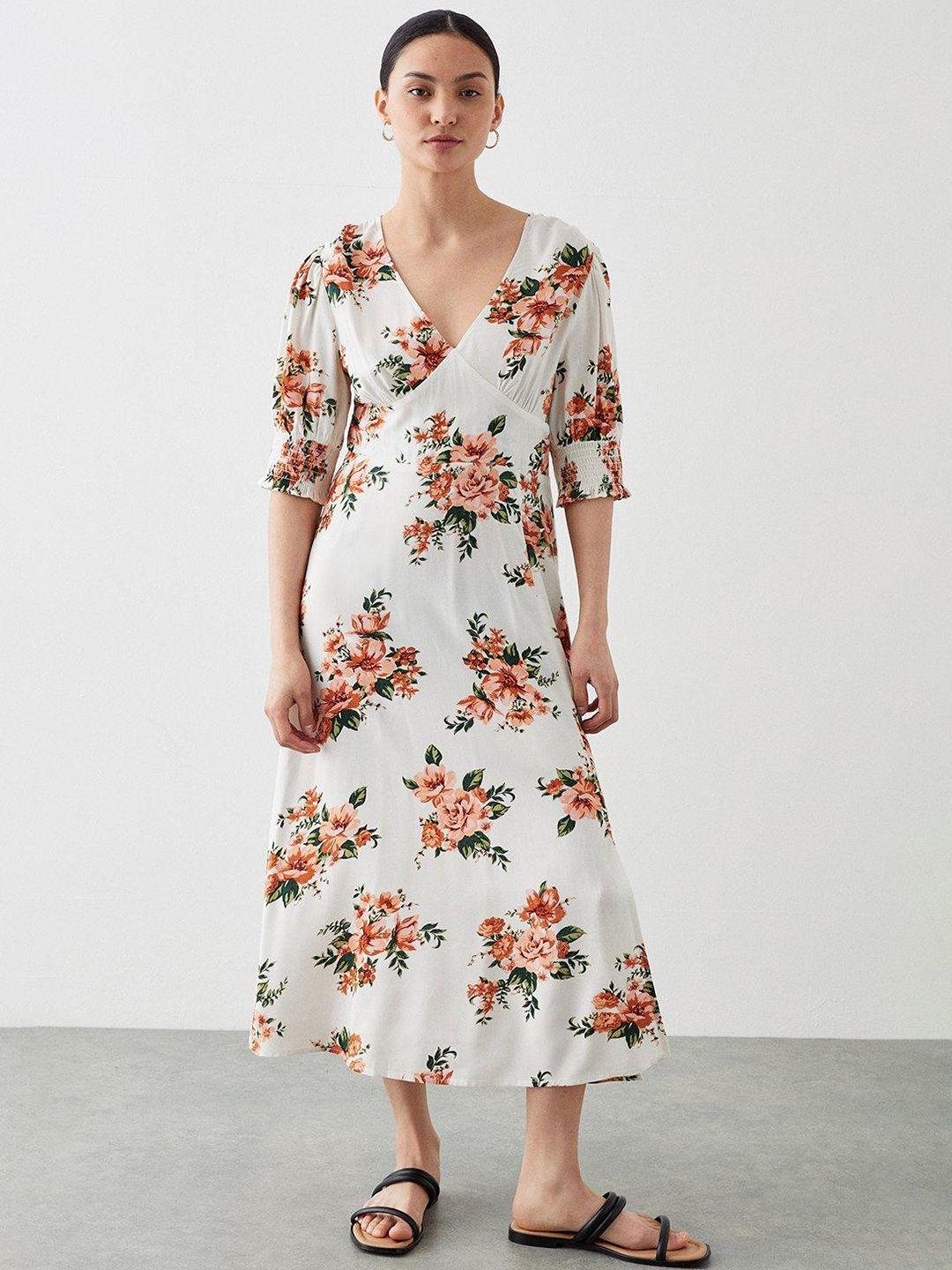 dorothy perkins floral print puff sleeves a-line midi dress
