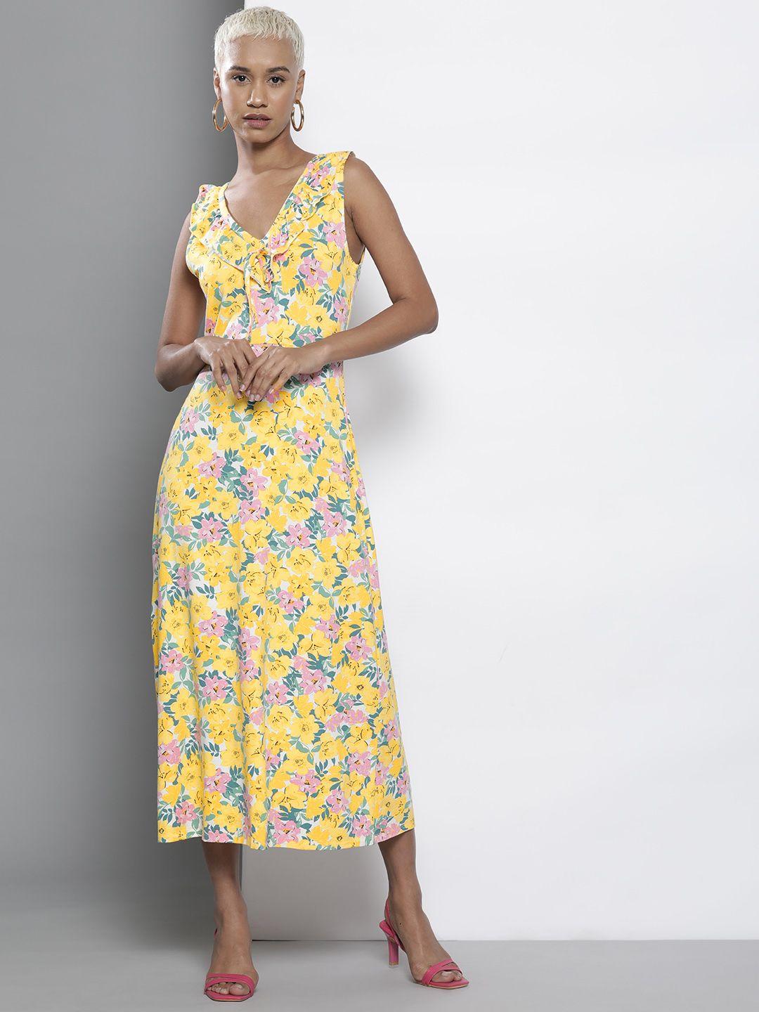 dorothy perkins floral print ruffled a-line midi dress with tie-up detail
