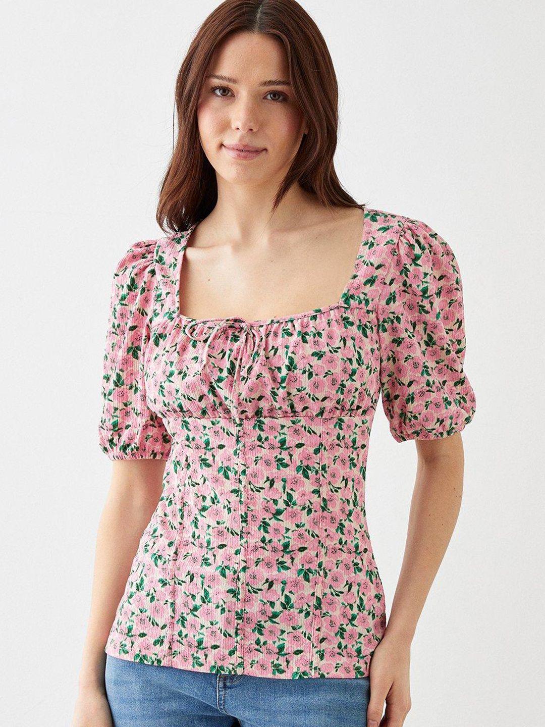 dorothy perkins floral print tie-up neck puff sleeve empire top