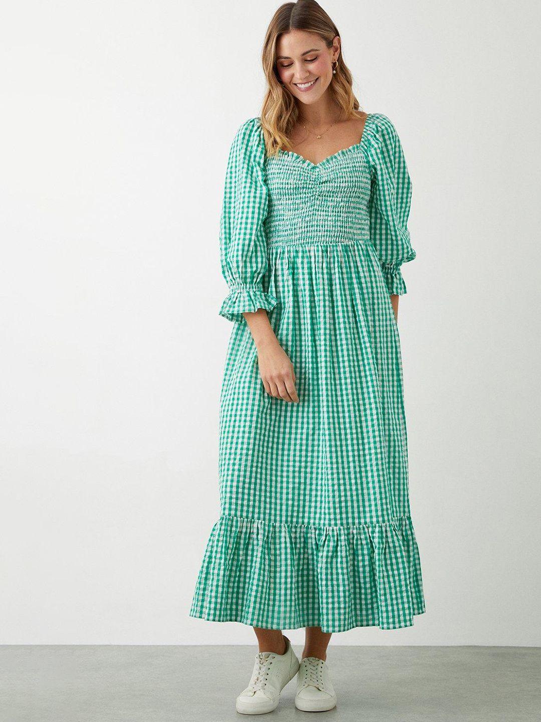 dorothy perkins green & white checked puff sleeve maxi dress