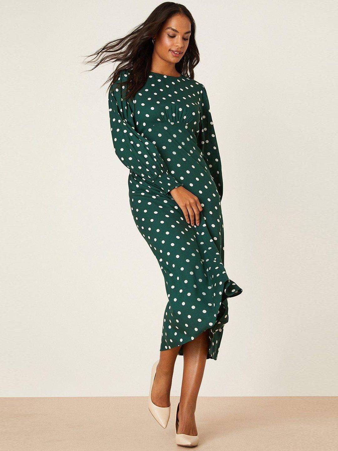 dorothy perkins green & white polka dot a-line midi dress