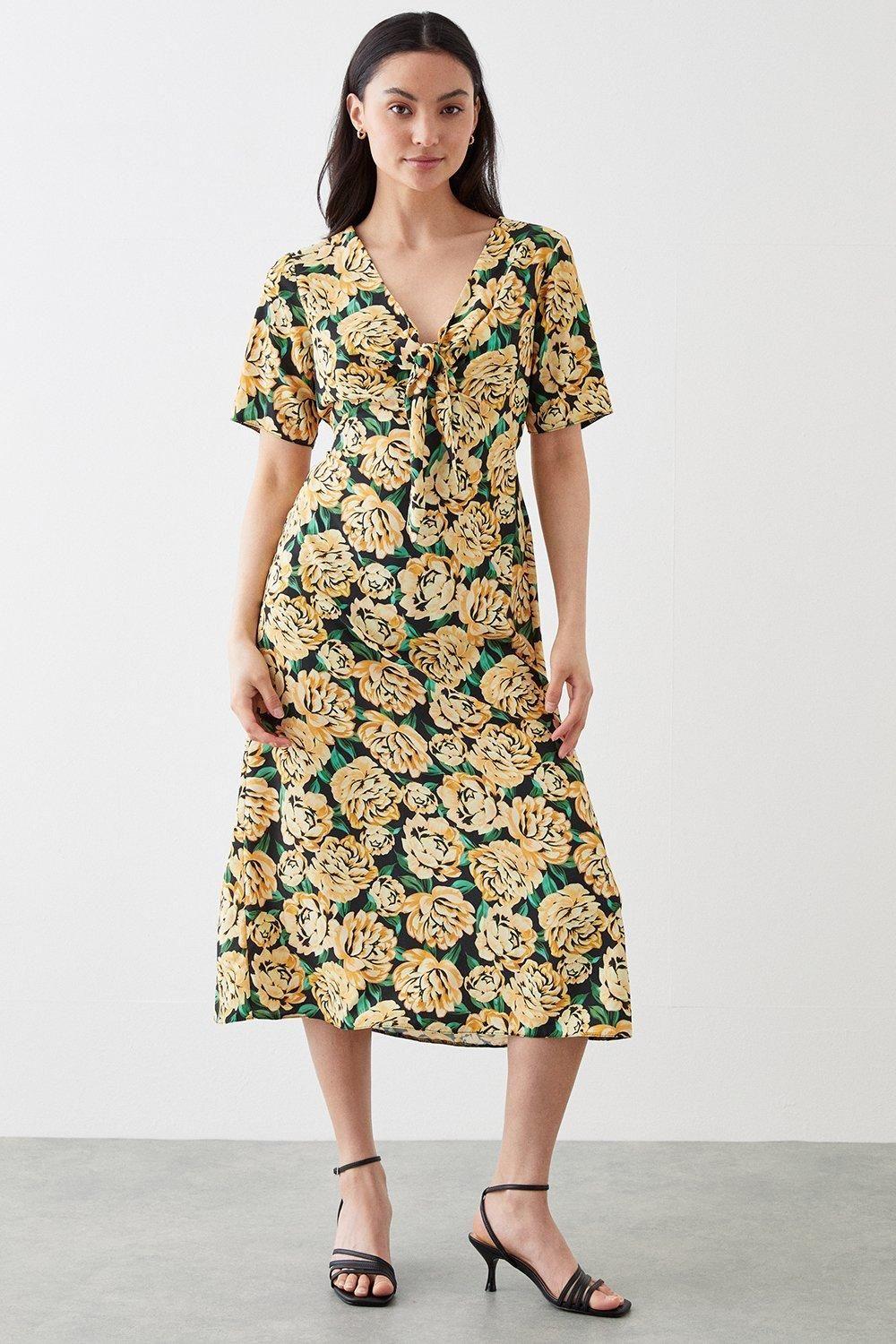 dorothy perkins knotted detail floral print a-line midi dress