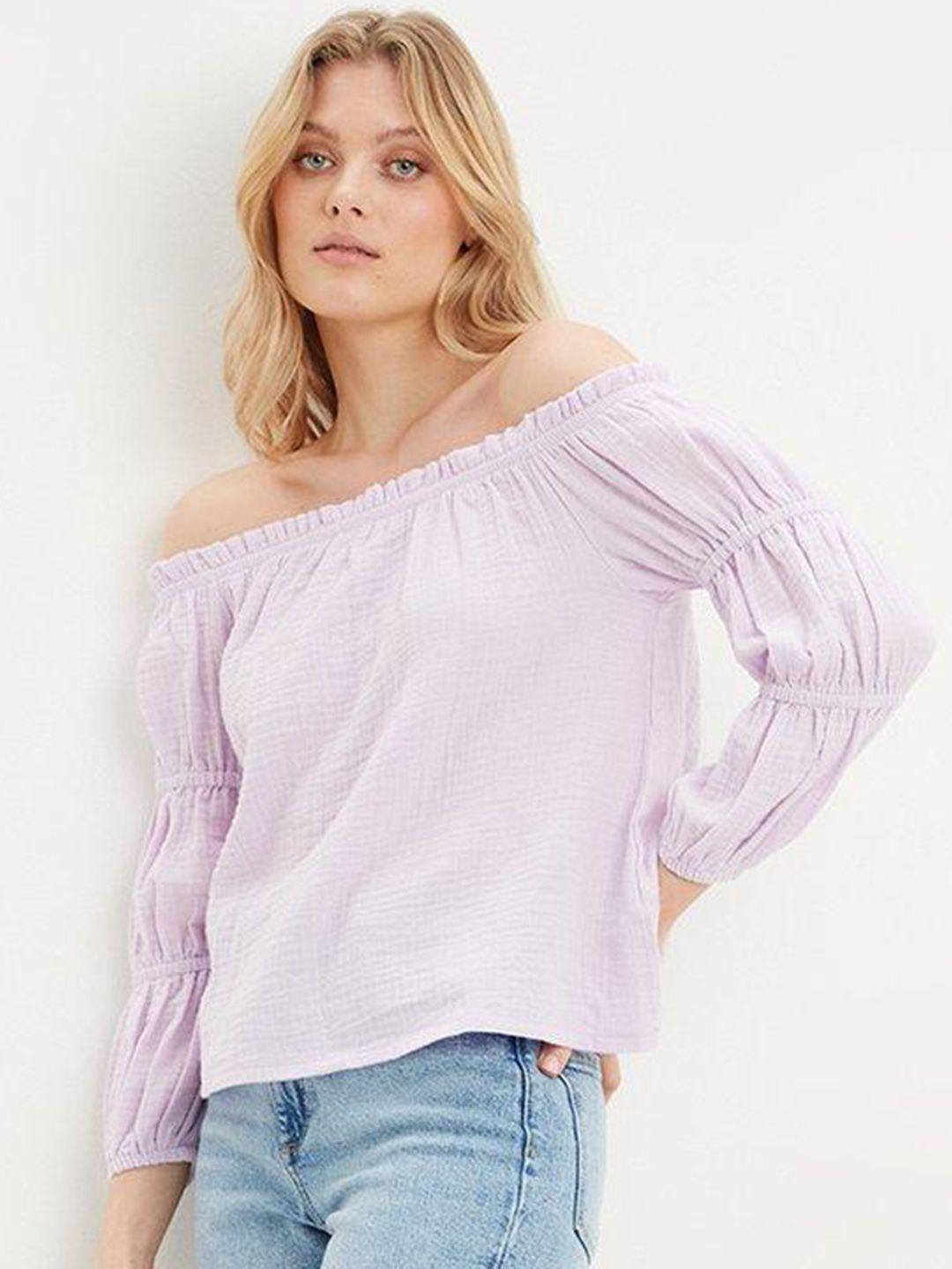 dorothy perkins lavender pure cotton off-shoulder puff sleeve textured bardot top