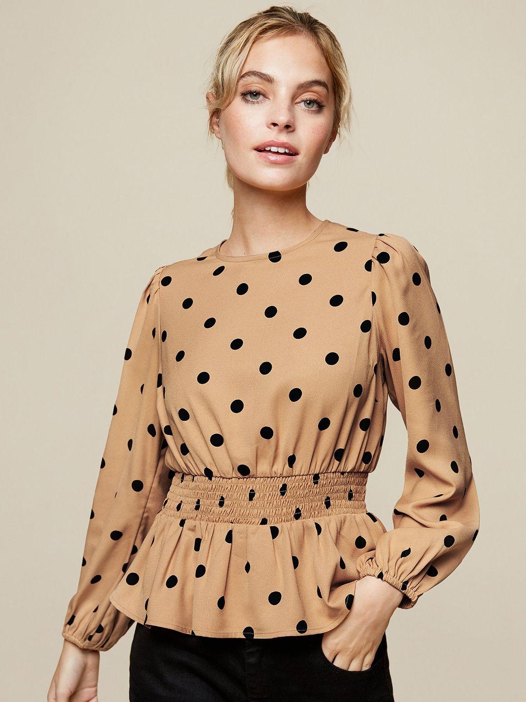 dorothy perkins petite beige & black polka dots printed puff sleeves cinched-waist top