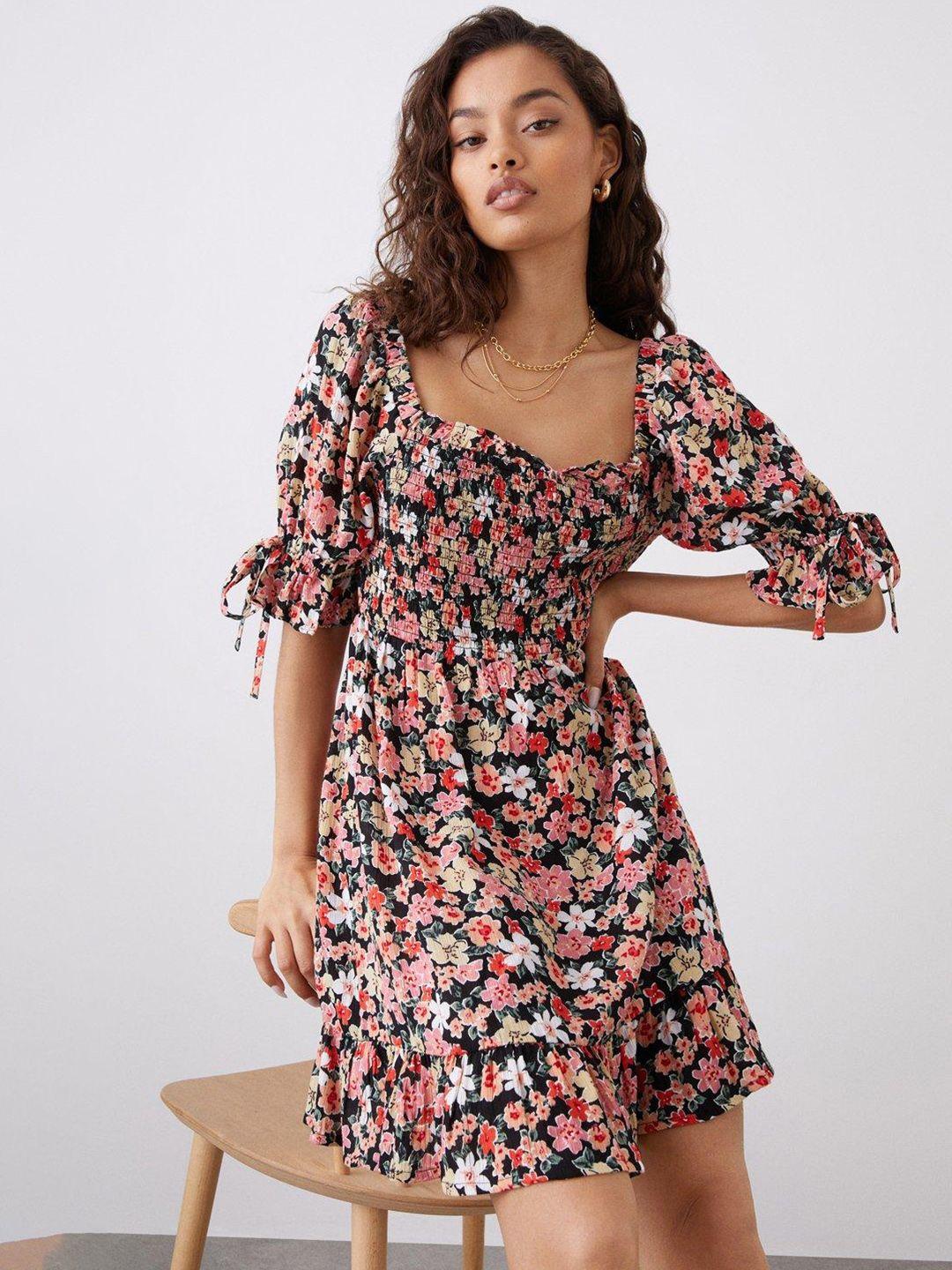 dorothy perkins petite floral print smocked a-line dress