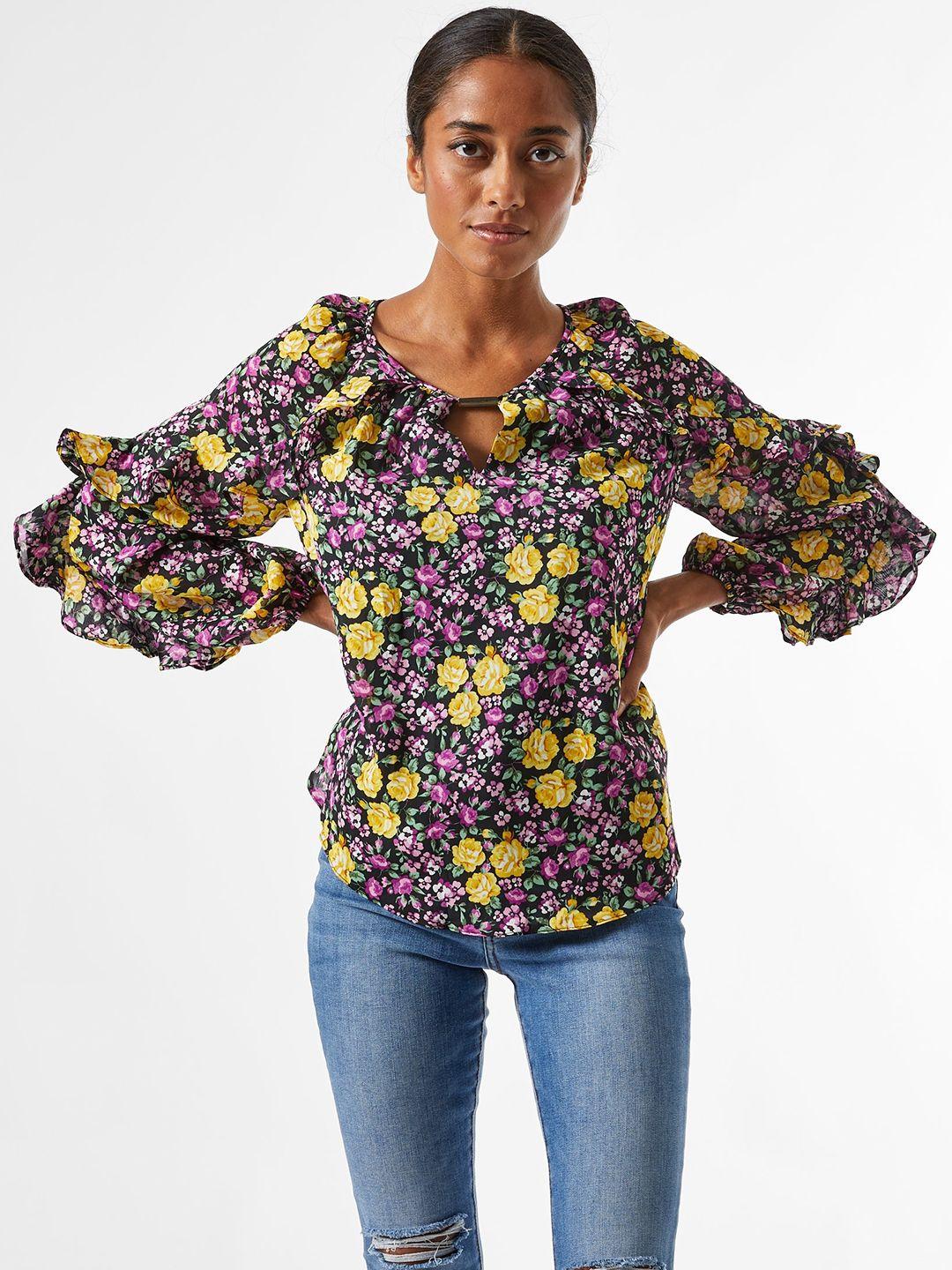 dorothy perkins petite purple & yellow floral printed puff sleeves top