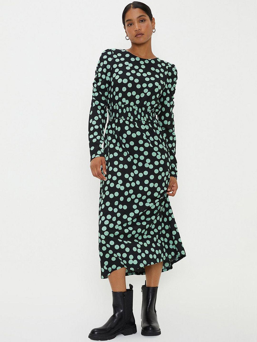 dorothy perkins polka dot print shirred waist a-line midi dress