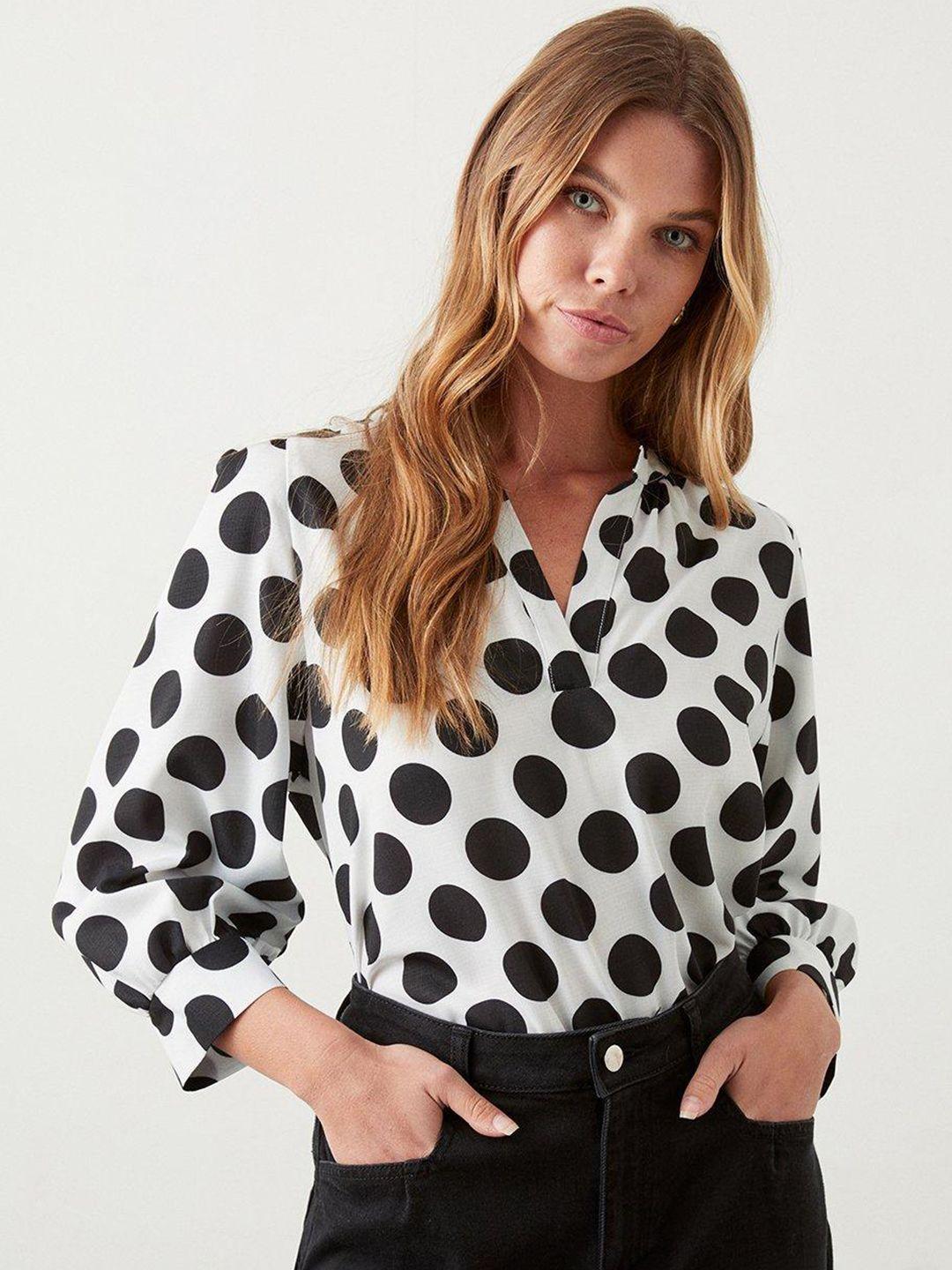 dorothy perkins polka dots print mandarin collar puff sleeve high-low top