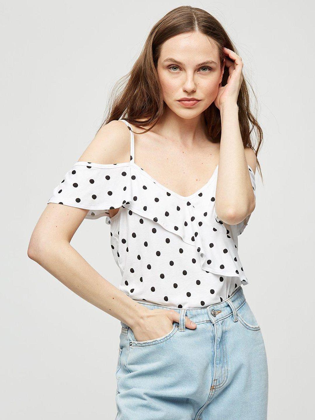 dorothy perkins polka dots print ruffled cold-shoulder top