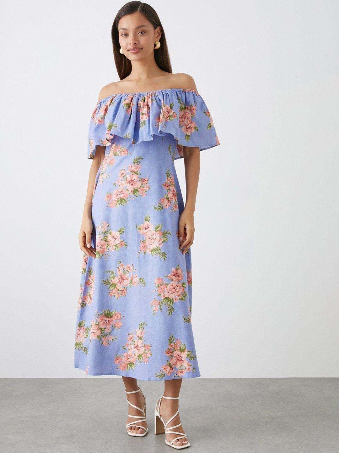 dorothy perkins pure cotton floral print off-shoulder a-line midi dress