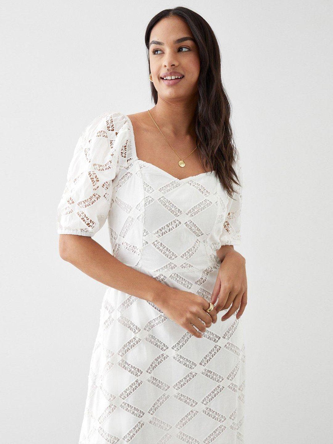 dorothy perkins self-embroidered pure cotton a-line midi dress