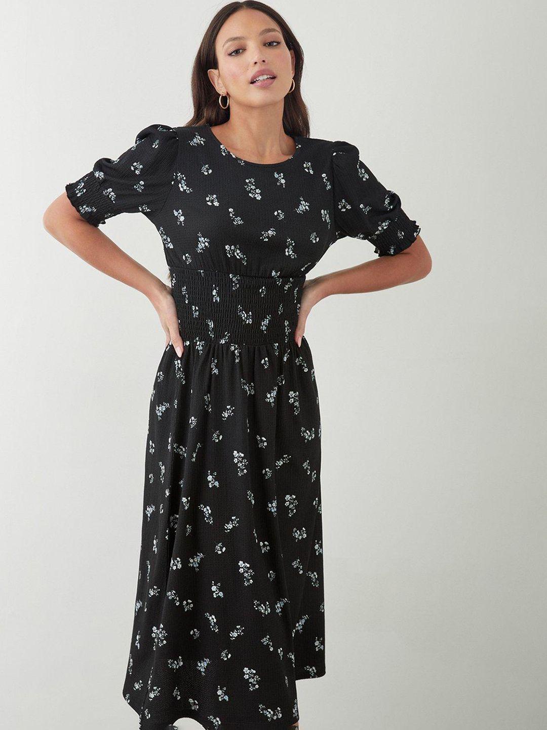 dorothy perkins smocked waist floral print puff sleeves a-line midi dress