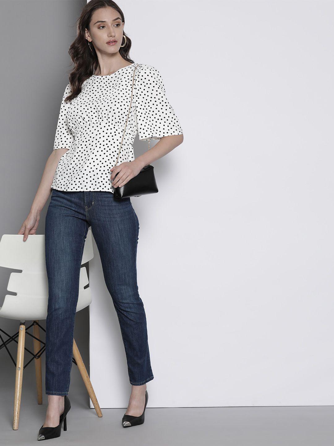 dorothy perkins white & black polka dot print flutter sleeve top