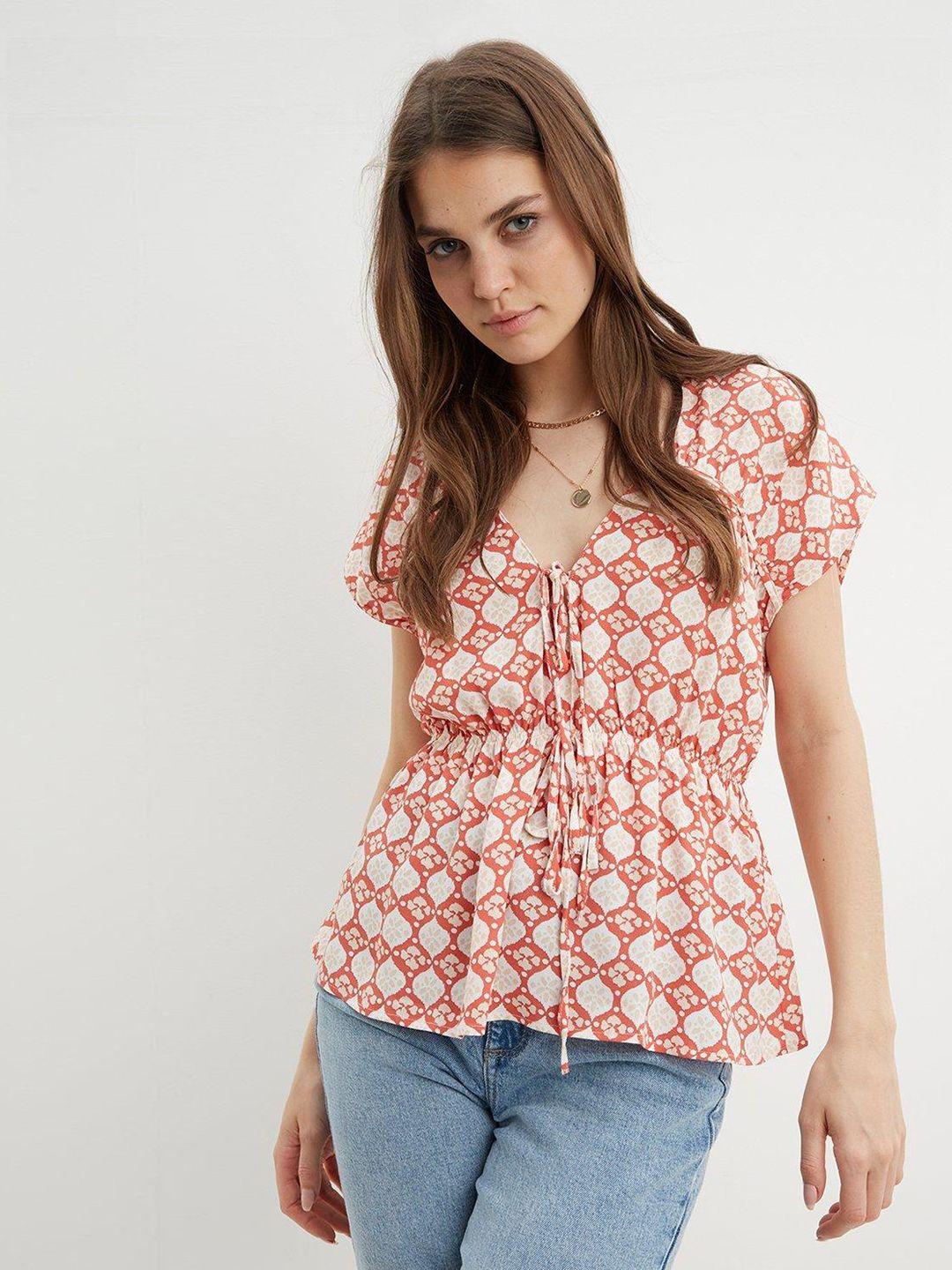 dorothy perkins white & orange ethnic motifs print top