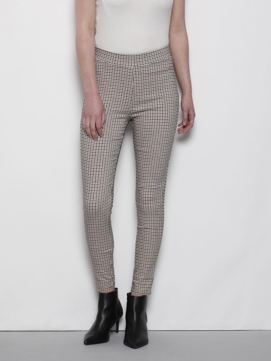 dorothy perkins women beige & black checked skinny fit cropped treggings