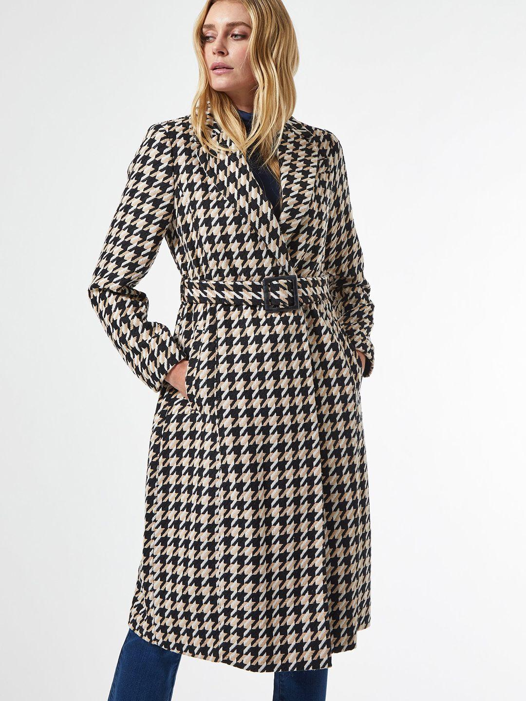 dorothy perkins women black & beige houndstooth pattern wrap coat