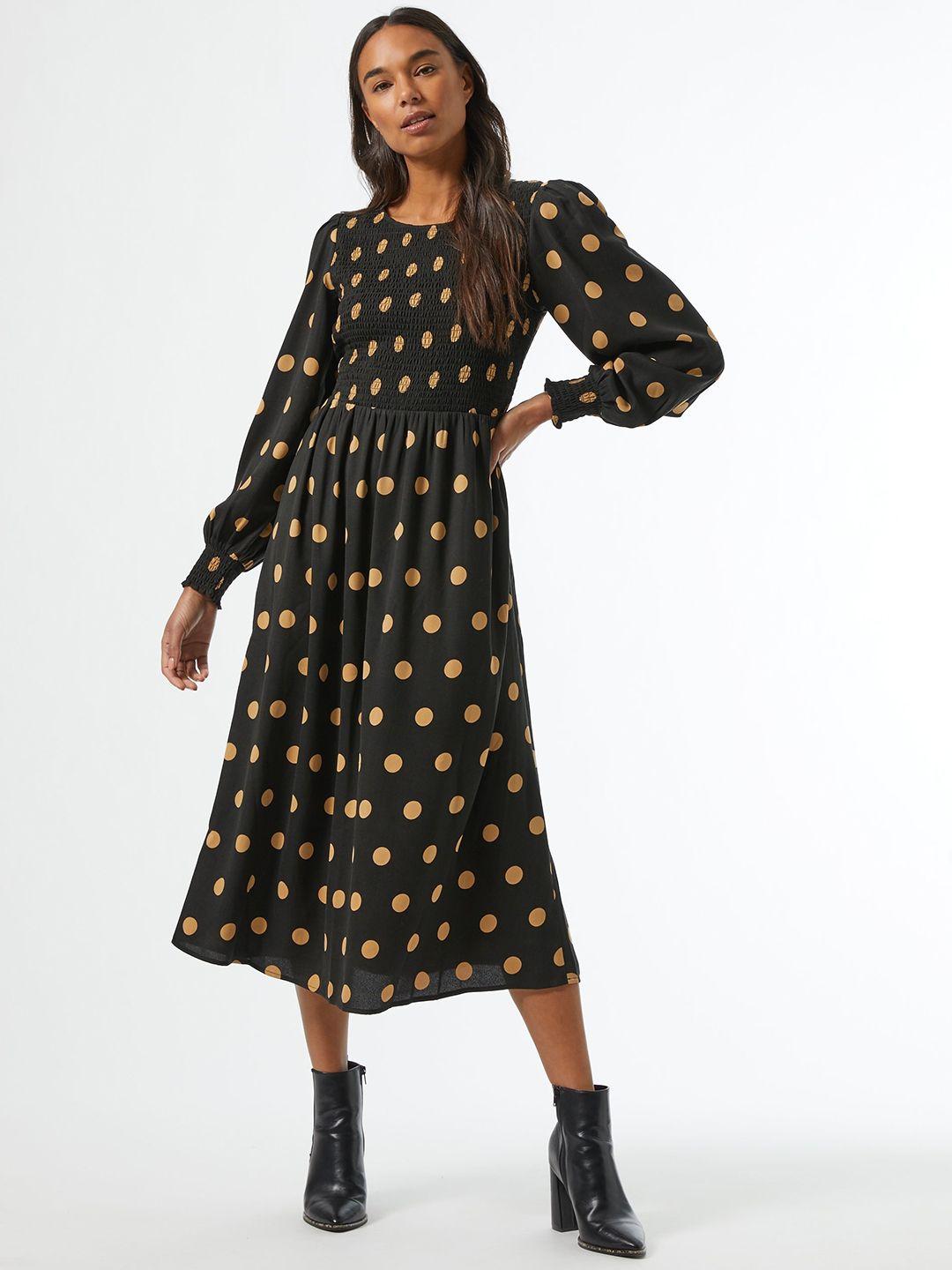dorothy perkins women black & beige polka dot print a-line dress