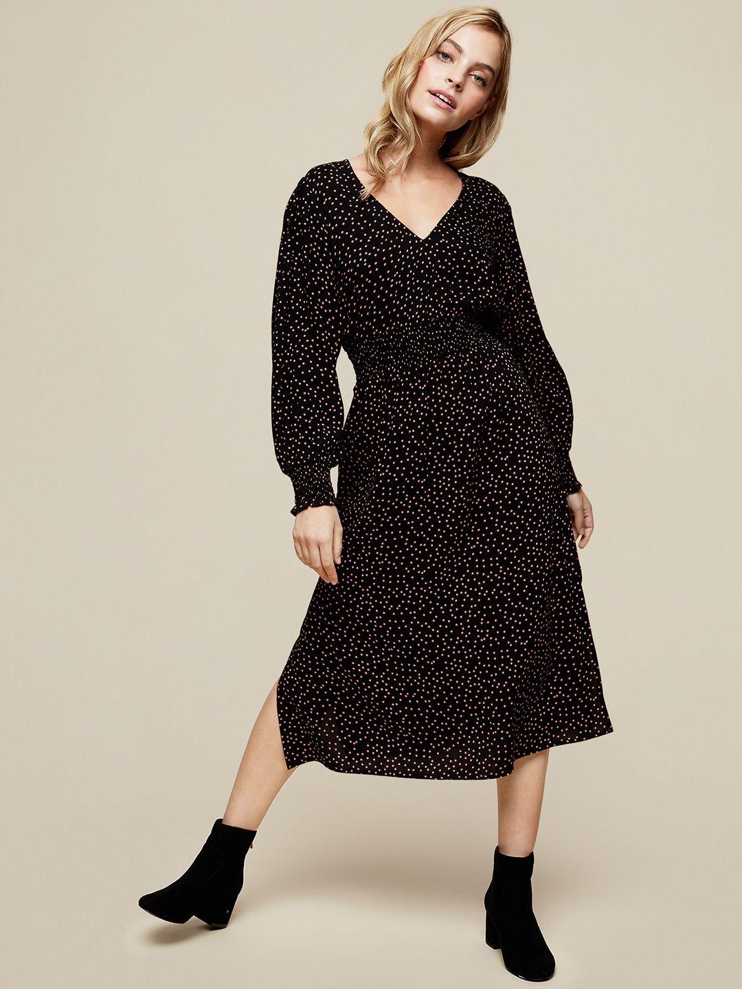 dorothy perkins women black & peach-coloured dot print a-line dress