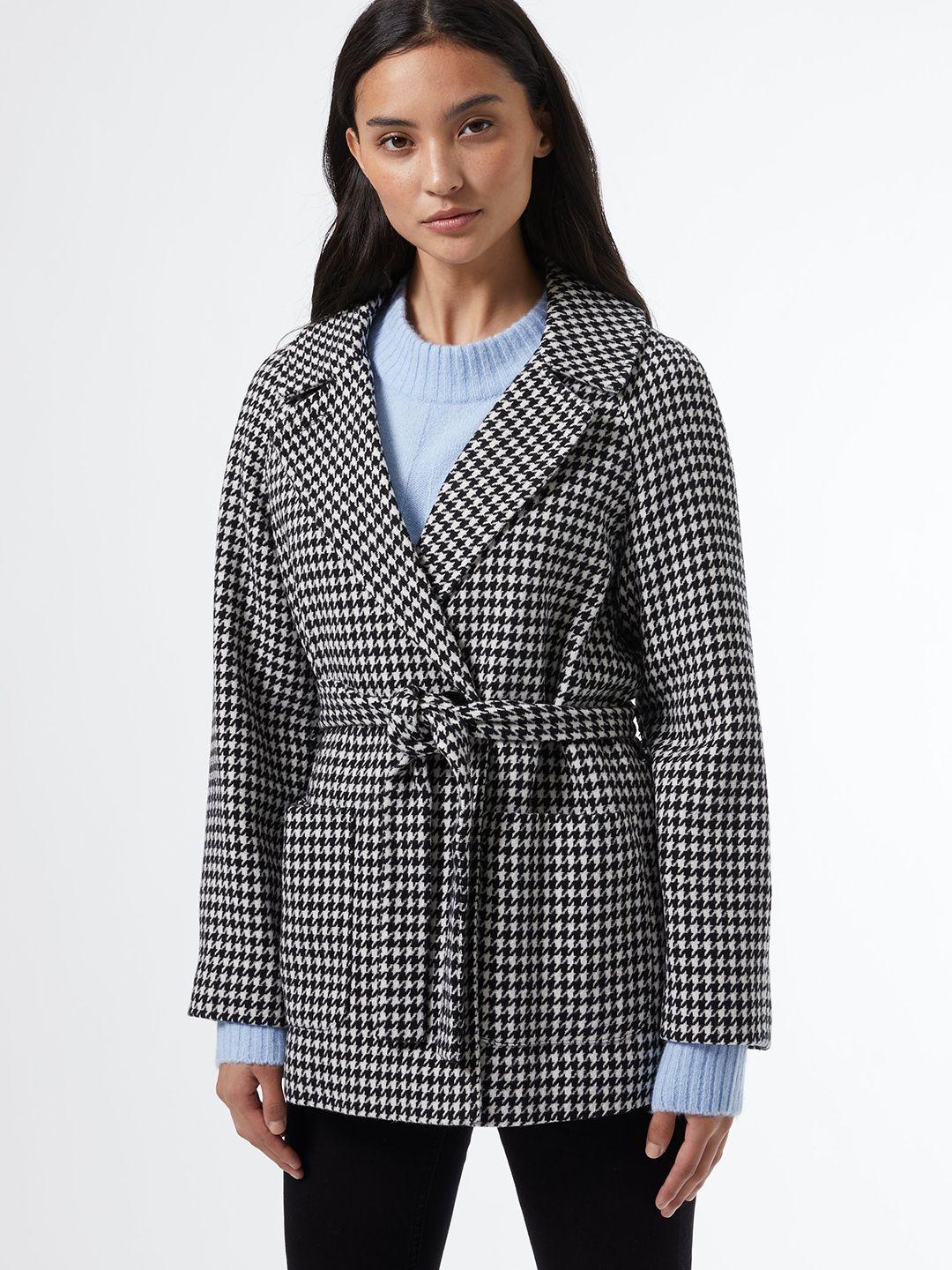 dorothy perkins women black & white houndstooth pattern petitie wrap coat