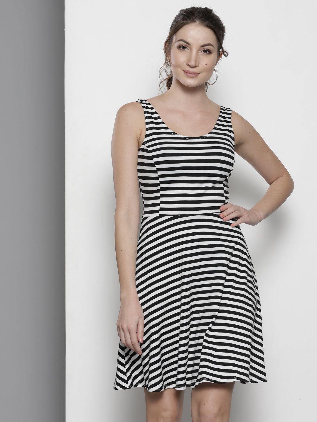 dorothy perkins women black & white striped fit & flare dress