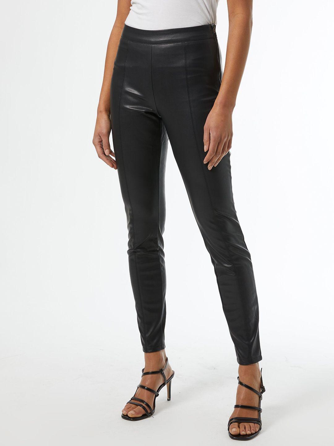 dorothy perkins women black coated regular fit solid trousers