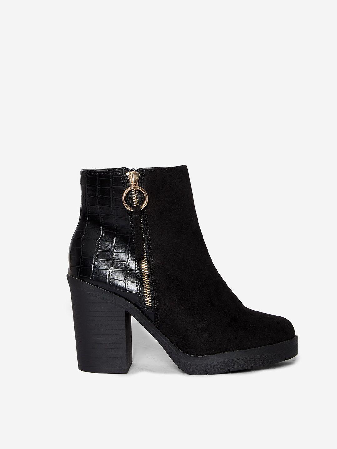 dorothy perkins women black solid mid-top wide heeled boots with croc textured detail