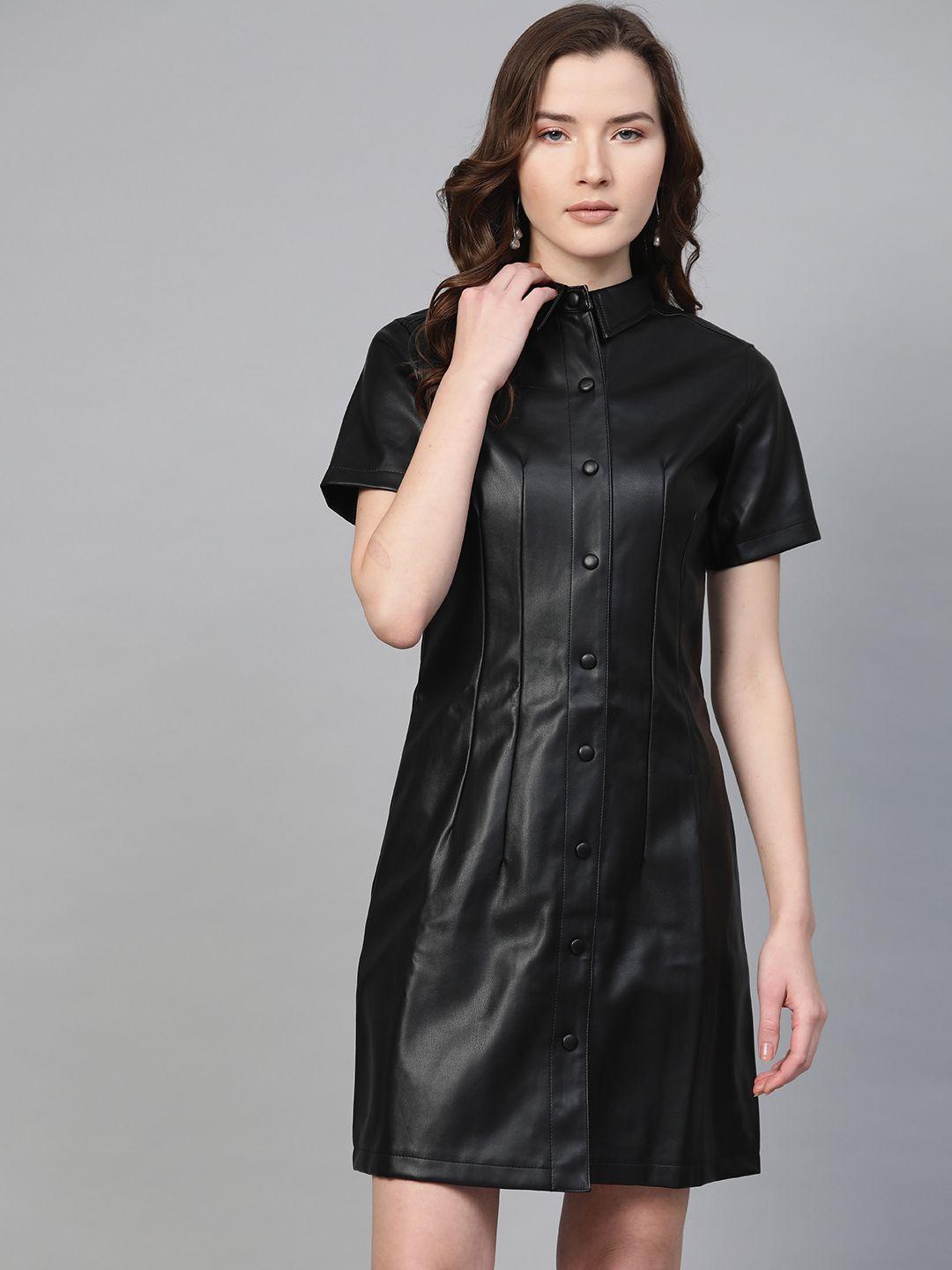 dorothy perkins women black solid pu coated shirt dress