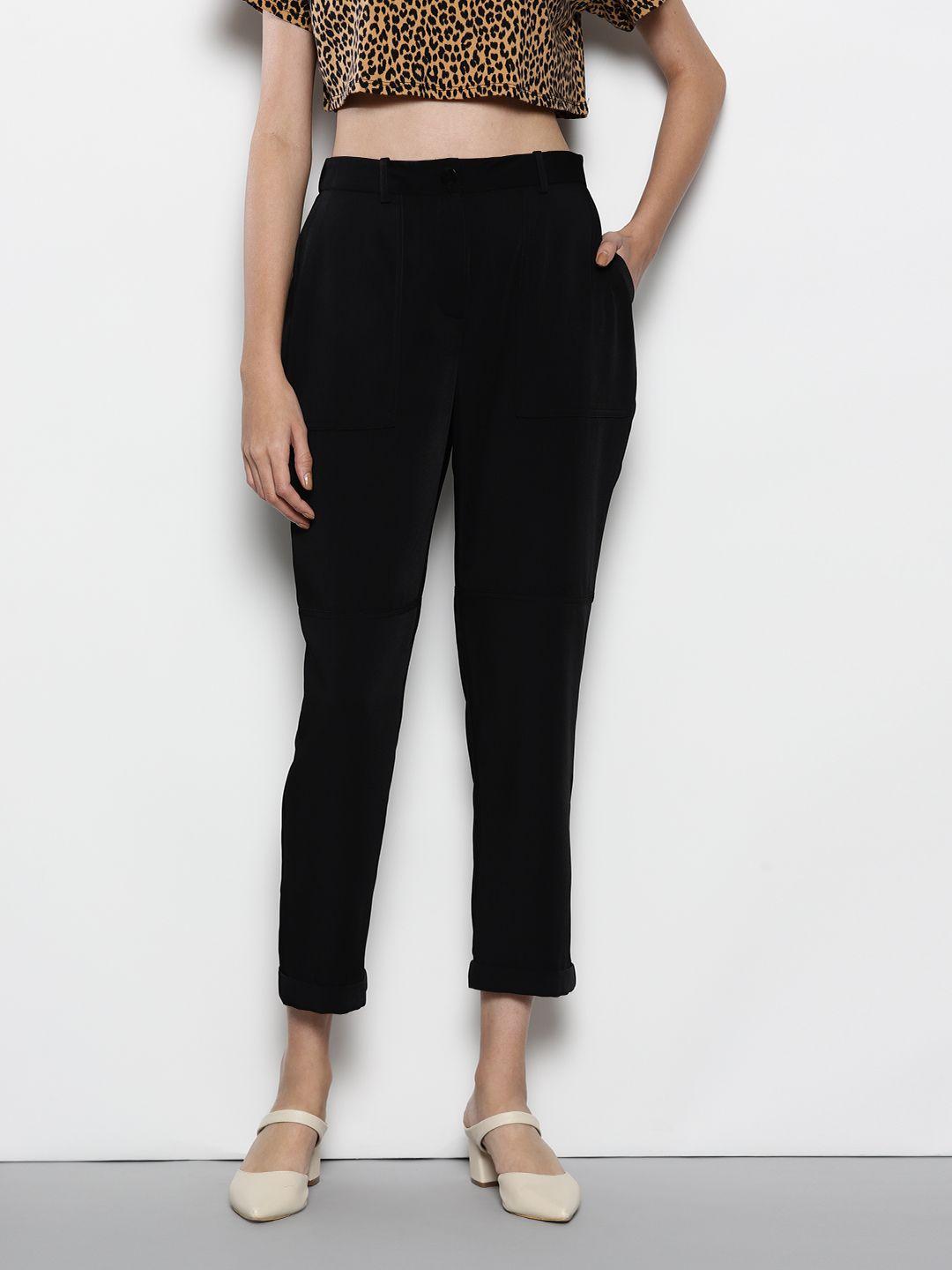 dorothy perkins women black tapered fit solid cropped trousers