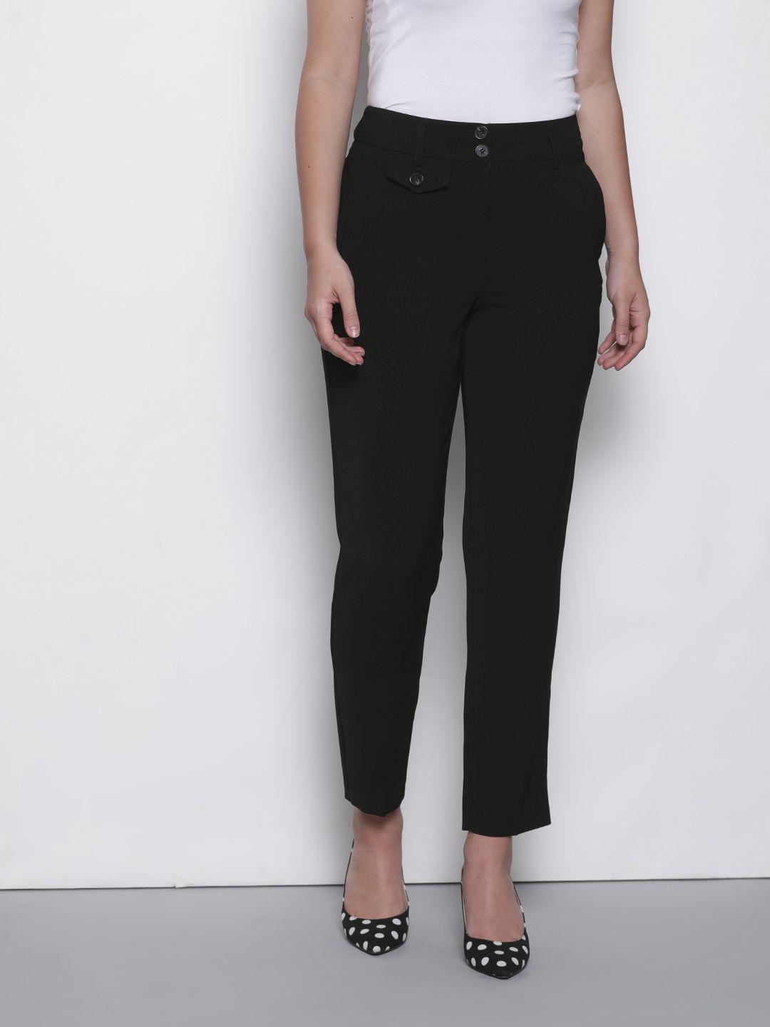 dorothy perkins women black tapered fit solid regular trousers