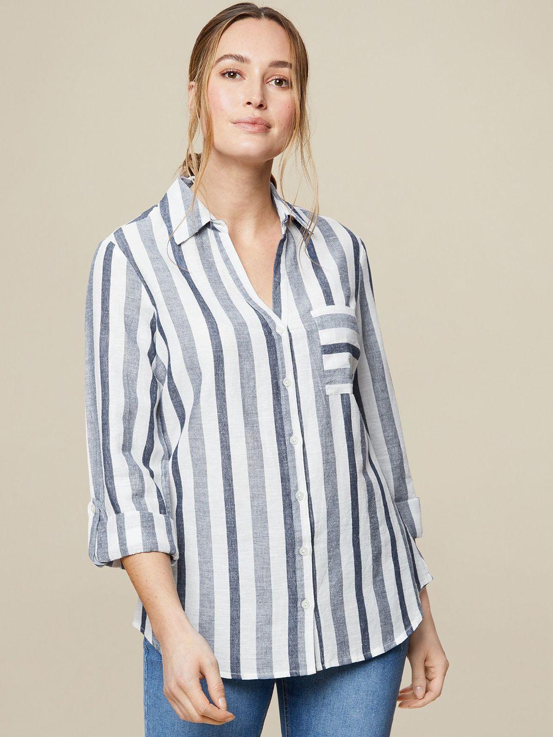 dorothy perkins women blue & white regular fit striped casual shirt