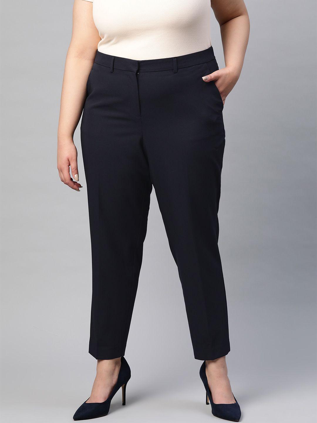 dorothy perkins women curve navy blue regular fit solid formal trousers