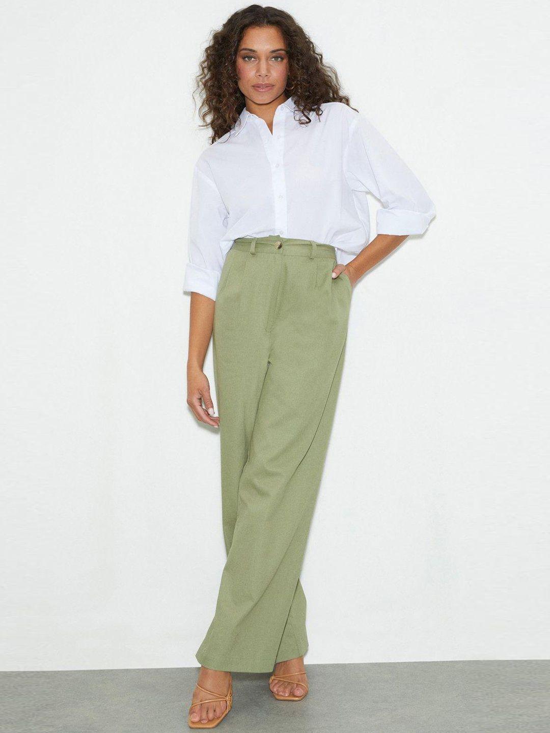 dorothy perkins women green pure cotton solid wide leg pleated trousers