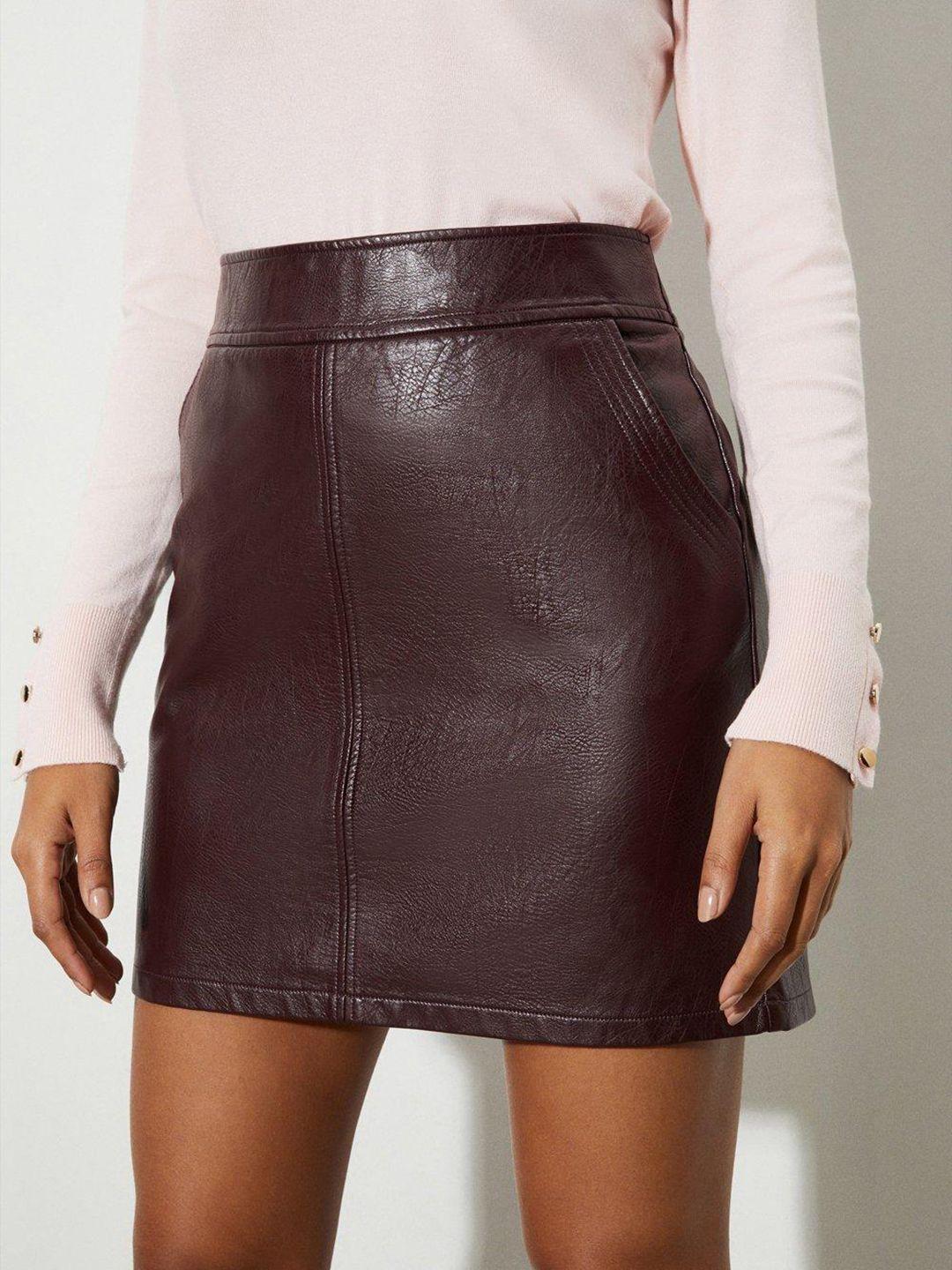 dorothy perkins women maroon solid pocket faux leather mini skirt