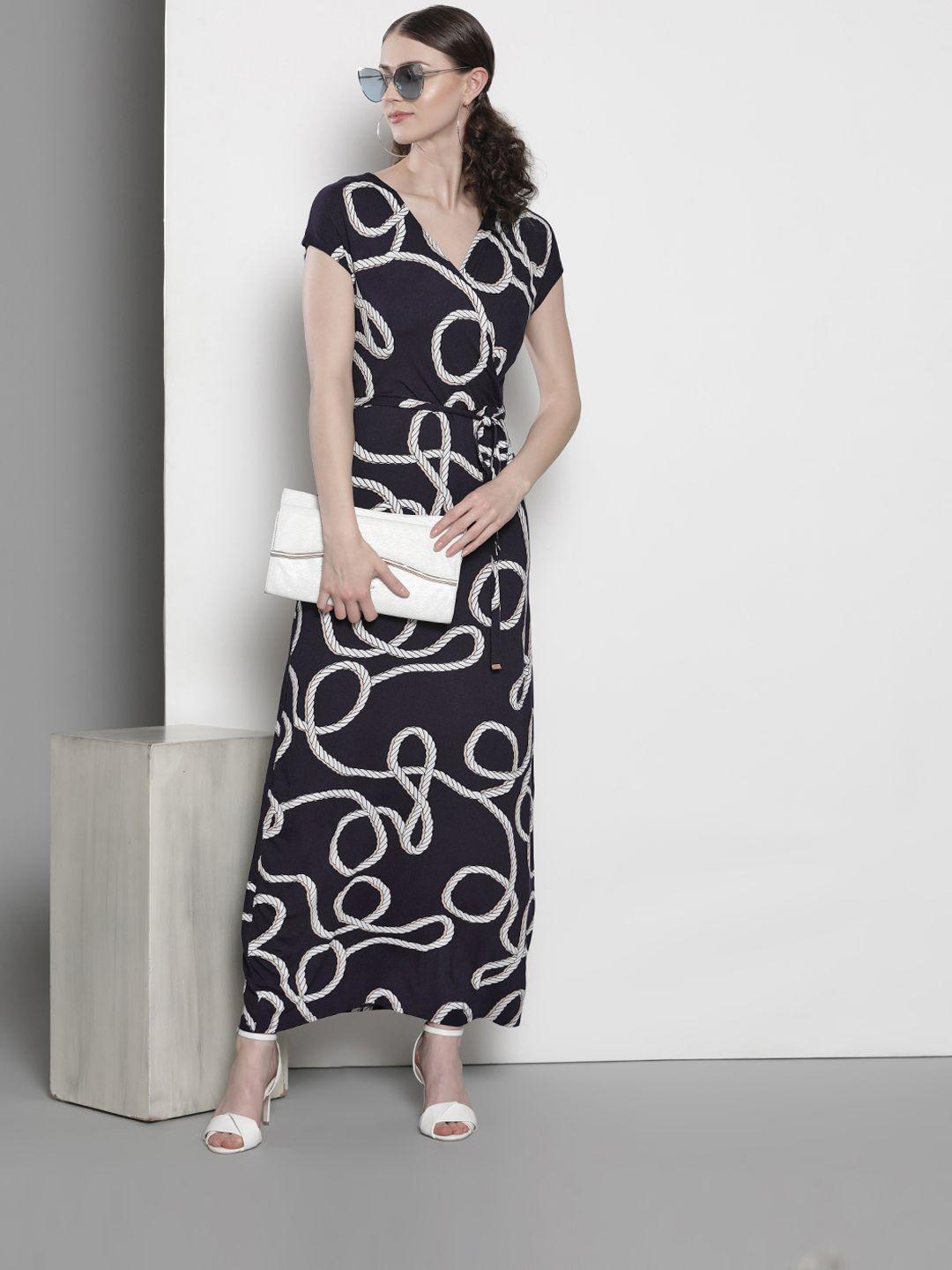 dorothy perkins women navy blue & white printed maxi dress