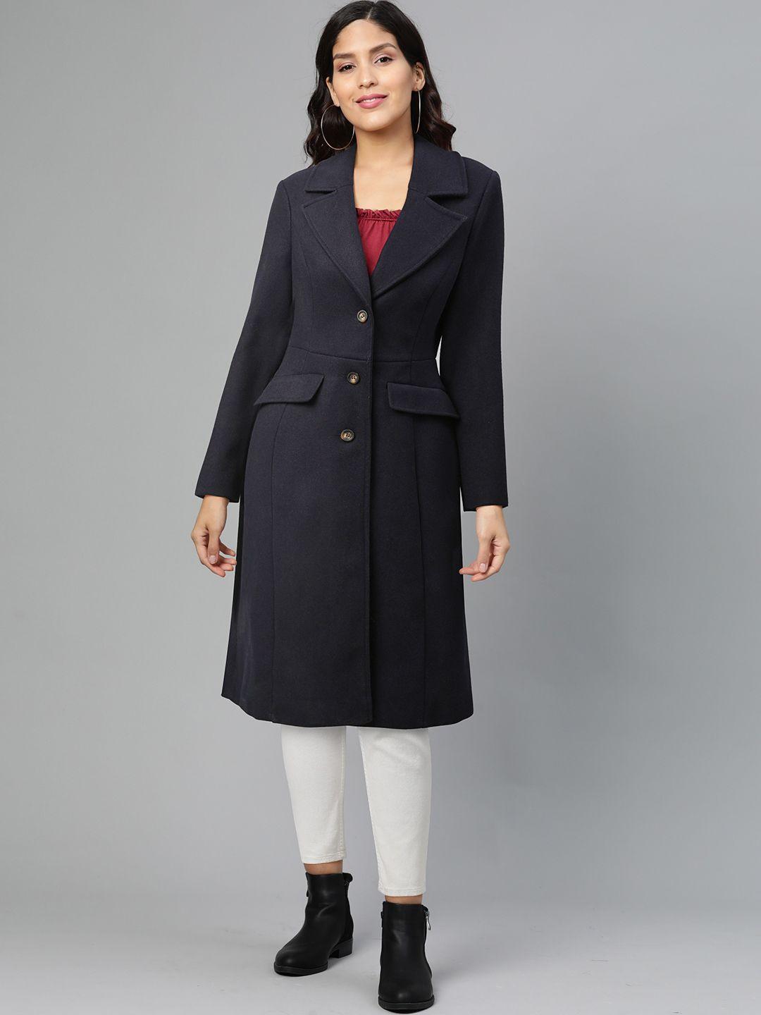 dorothy perkins women navy blue solid longline over coat