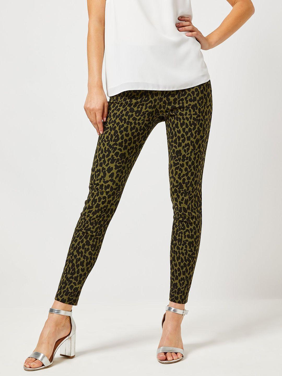 dorothy perkins women olive green & black animal print trousers