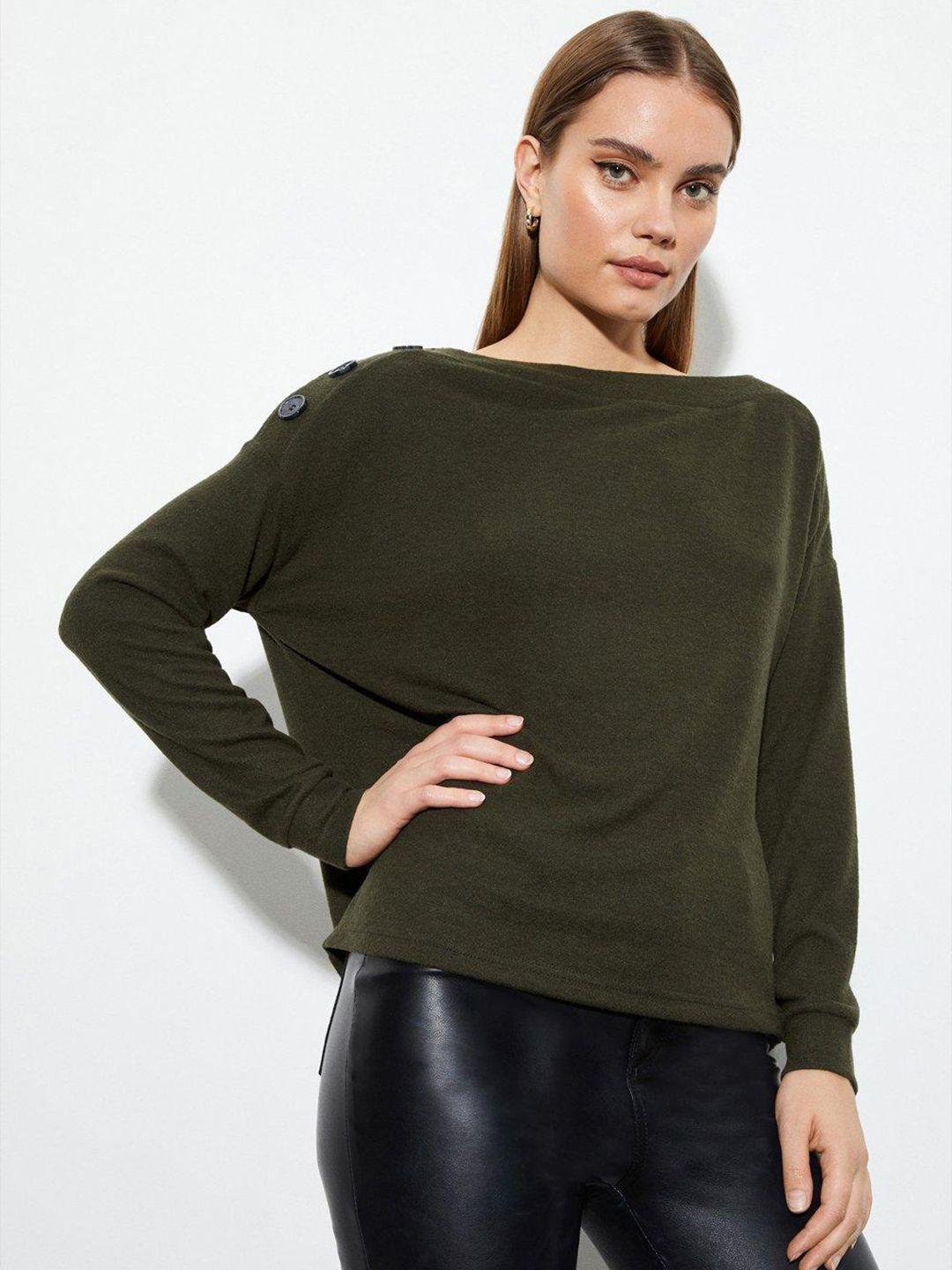 dorothy perkins women olive green button shoulder soft touch batwing pullover