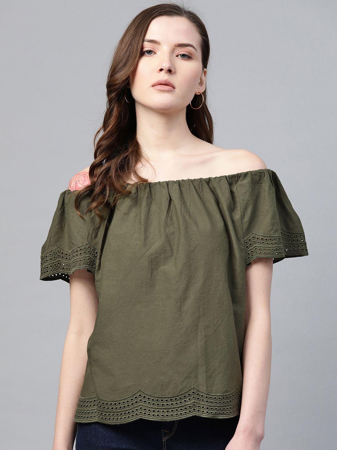 dorothy perkins women olive green solid bardot pure cotton top